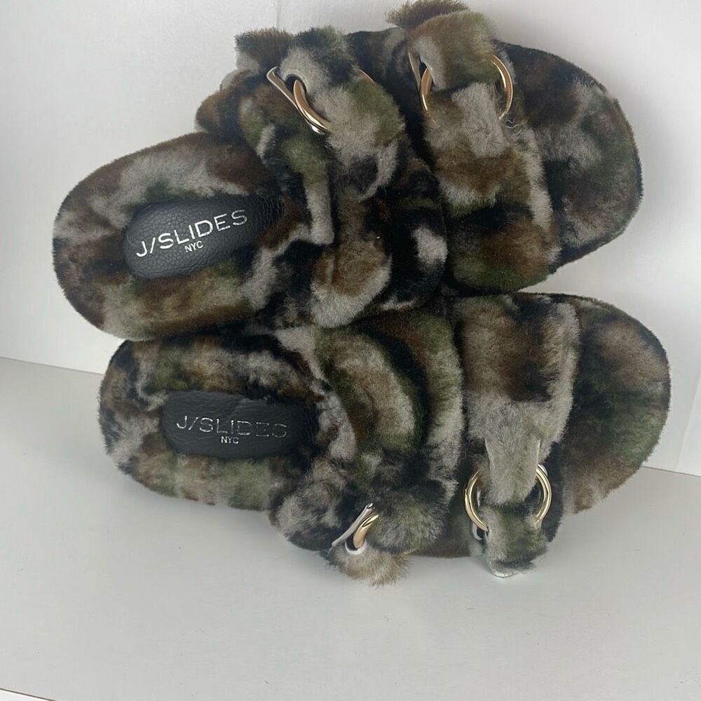 J/SLIDES Genuine Shearling 2 Strap Platform Slide Sandals camouflage 7